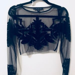 Black mesh top with velvet details and beading.